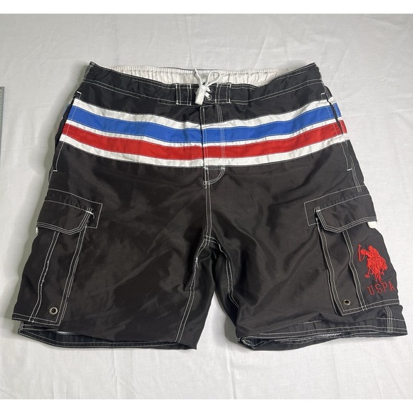 US Polo Assn Men XL Cargo Line Elastic‎ Swim Trunks Red Blue White Ponyboy - Picture 1 of 12